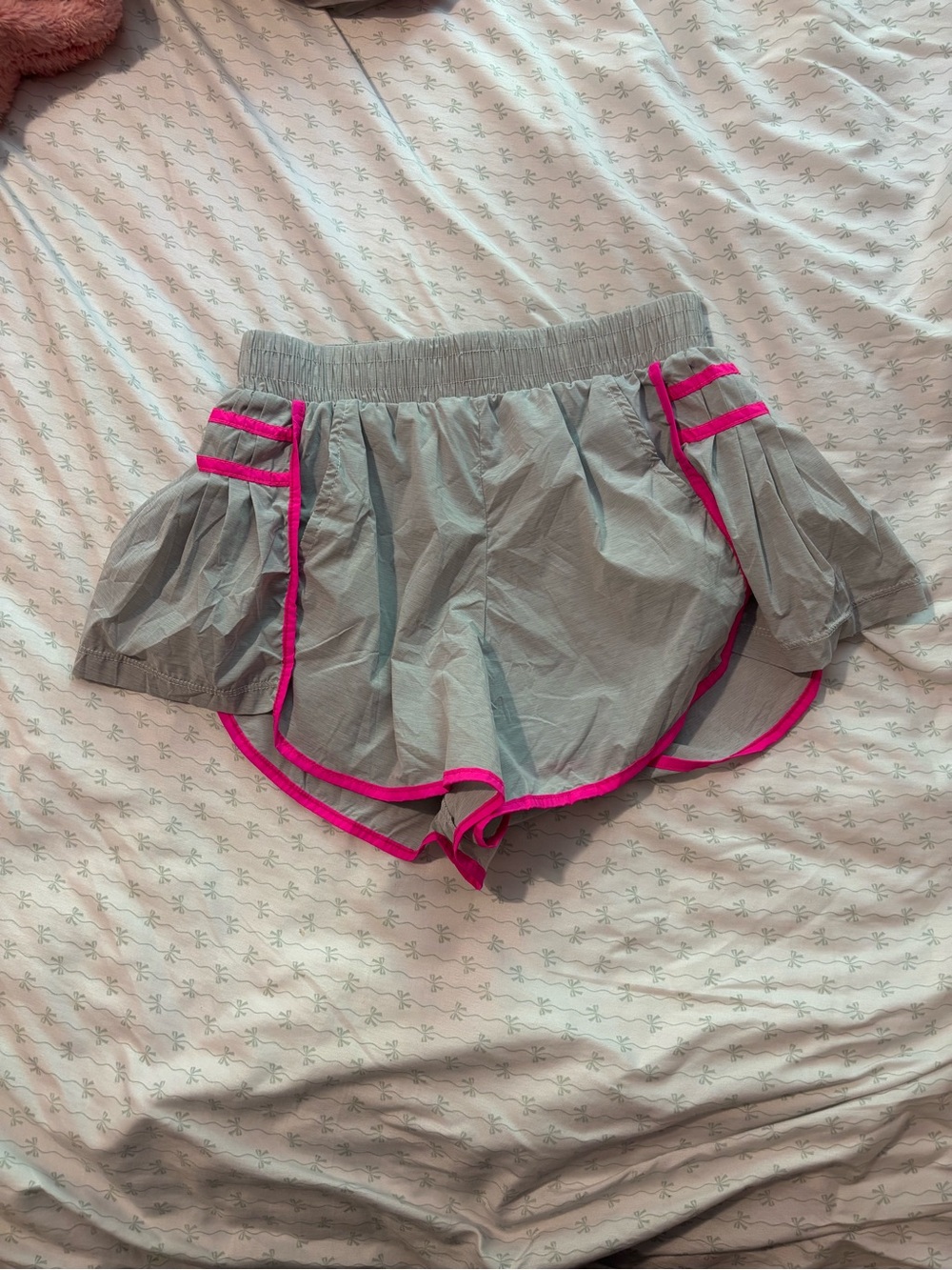 Gray Athletic Ruffle Shorts with Pink Trim five the label
